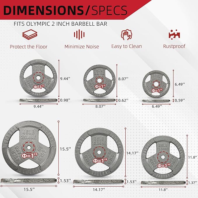 Cast Iron Gym Weight Plates | 1" and 2" Olympic Bumper Plates for Weightlifting, CrossFit, Deadlift, and Squat