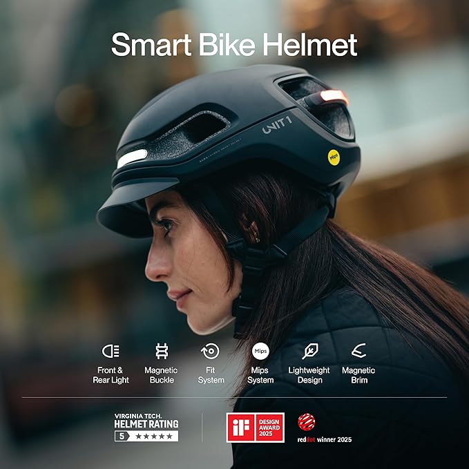 UNIT 1 Aura Hybrid Smart Bike Helmet | Urban & Road | MIPS | LED Front & Rear | Turn & Brake Light Compatible w/Remote | Crash Alert | E-Bike Fully Certified | Lightweight & Ventilated | App