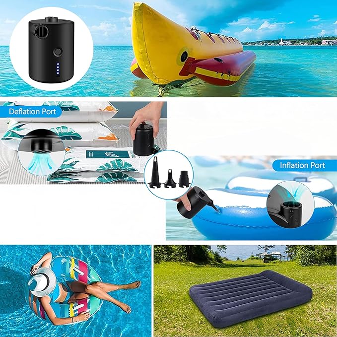 3T6B USB Rechargeable Air Mattress Pumps, Portable Air Pump with 4 Nozzles for Outdoor Camping, Air Mattress, Inflatable Couch, Pool Toy