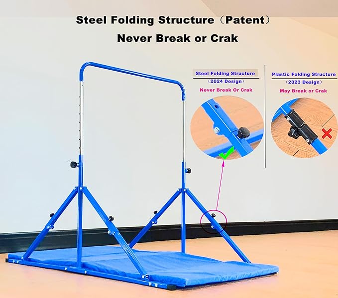 MARFULA Foldable Gymnastic Bar for Kids Ages 3-12, 9 Height Levels, 200 lbs Weight Capacity, 5 Ft Length Gymnastic Kip Bar with Mat, Gymnastic Equipment for Home and Gym Center Indoor Outdoor Use