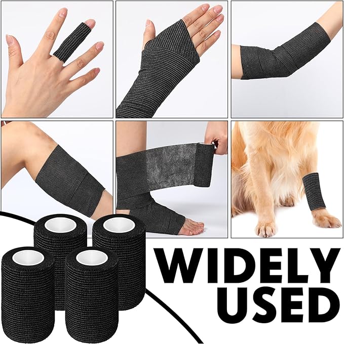 Treela 48 Pack Self Adhesive Wrap Bandage Bulk, Self Adherent Cohesive Bandage Elastic Athletic Tape Breathable Wound Tape for Stretch Athletic Sports Wrist Ankle(Black,4 Inches X 5 Yards)