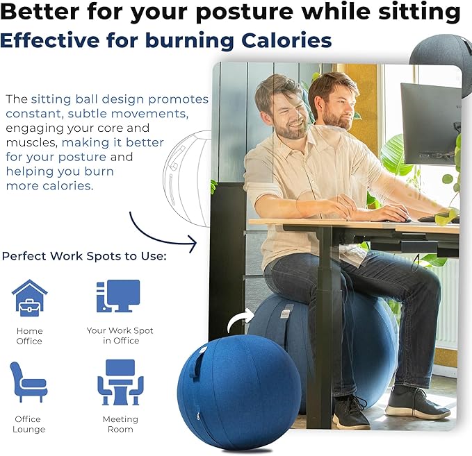 Balance Ball Chair for Office & Home - Ergonomic Exercise Ball for Posture & Back Pain Relief, Yoga Ball Chair - Sitting Ball with Washable Linen Cover