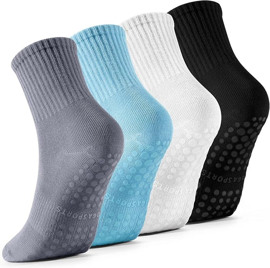 4 Pairs Pilates Socks with Grips for Women, Barre Yoga Grippy Socks, Womens Non Slip Pilates Crew Sticky Socks