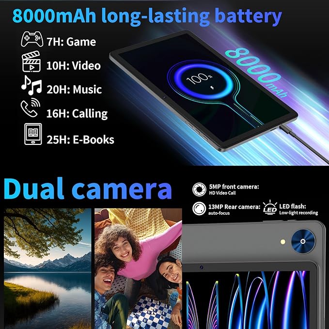 Android 15 Tablet with Keyboard, 26GB+256GB(2TB Expand), 10.1 Inch Tablet 8000 mAh Battery, BT 5.0, 5G WiFi, Widevine L1, Dual Camera, 2 in 1 Tab with Mouse, Case, Stylus（Silver Case）