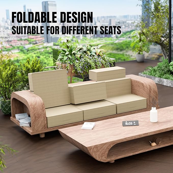 6 Inch Thick Foldable Deep Seat Cushion, 2 PCS 23 x 26 Inch Outdoor Water & Fade Resistant Olefin Patio Furniture Replacement Chair Cushion, with Removable Cover, Handle and Straps, Beige
