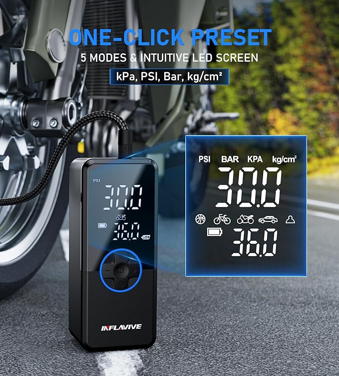 Tire Inflator Portable Air Compressor, Cordless Air Pump for Car Tires with Pressure Gauge, Battery & 12V DC Dual Power Bike Tire Pump, 150PSI Portable Tire Inflator for Car, Motorcycle, Bicycle, Ball