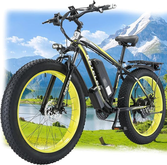 Electric Bike for Adults，26" x 4" Fat Tire Ebike，28MPH 1000W Motor Peak Power 2000W Electric Bicycles，48V 15AH Removable Battery，21 Speed Mountain Snow Beach E Bike