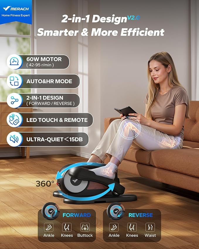 MERACH Under Desk Elliptical Machine, Ellipse Leg Exerciser as Seen on TV for Seniors with Remote Control & 12-Speeds, Quiet Portable Electric Seated Pedal Exerciser Machine for Home Office