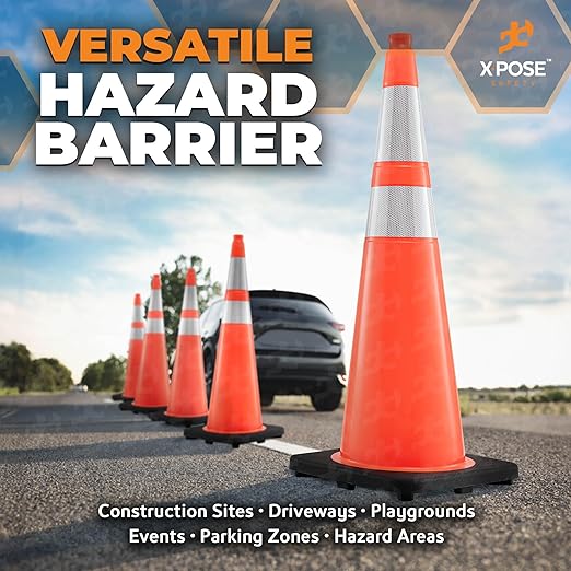 Xpose Safety 36 Inch Orange Traffic Cones Heavy Duty 12lb 6" & 4" Collar - Bulk Half Pallet 125 Pack - Multipurpose PVC Plastic Safety Cone Parking, Soccer, Caution & Construction - DOT Approved