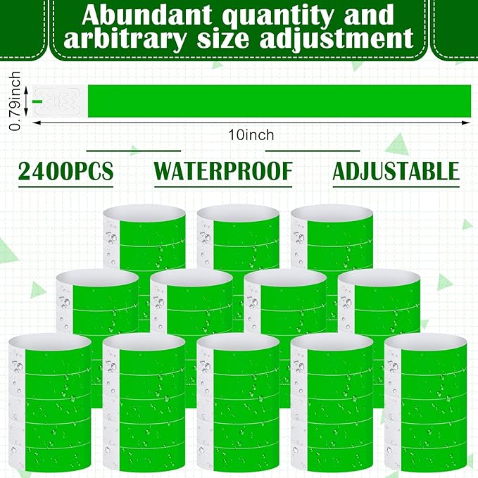 Tudomro 2400 Pack Neon Paper Wristbands Bulk - Waterproof, Lightweight, Adhesive - Concert, Events, Party for Hand Wrist Arm Identification(Green)