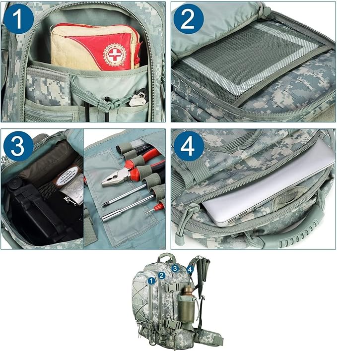 Expandable 40-64L Military Tactical Backpack 3 Day Bag Hiking Gym Sport Camping