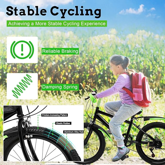 20 Inch Child City Bike, 7 Speeds Adjustable Height High Carbon Steel Kids Mountain Bike, Double Disc Brake Bicycle, Green