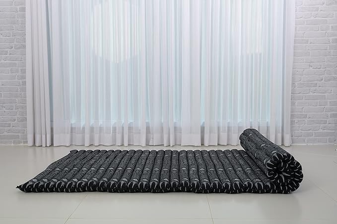 Leewadee - Kapok Roll Mat – Handcrafted Folding Sleep & Relaxation Mattress from Thailand, Ideal as Guest Bed, Camping Mat, Yoga Mat or Traditional Futon, 75 x 39 inches, Black