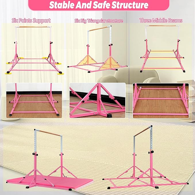 MARFULA Gymnastic Bar for Kid and Teenage Ages 3-25, 5 FT / 8 FT Base Length, 4 FT Width 5 FT Height, Gymnastic Kip Bar Horizontal Bar for Gymnast, Gymnastic Training Equipment for Home and Club Use