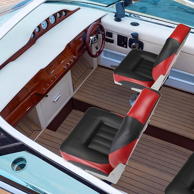 PEXMOR Boat Seats Low/High Back, Folding Boat Seat Included, Fold-Down Fishing Boat Seats Waterproof Captain Boat Seat w/Aluminum Hinges & Thick Soft Cushion, 2 Packs (Low Back-Red & Black)