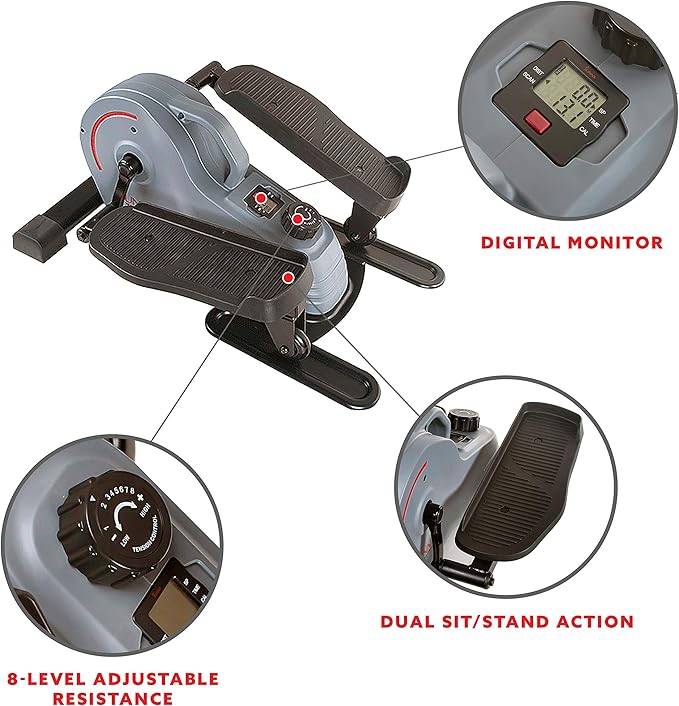 Sunny Health & Fitness 2-in-1 Sit/Stand Mini Elliptical Machine, Portable Under Desk Peddler Exerciser for Senior Home Workout, Optional Free Sunnyfit App Bluetooth Link, Handlebars or Resistance Band