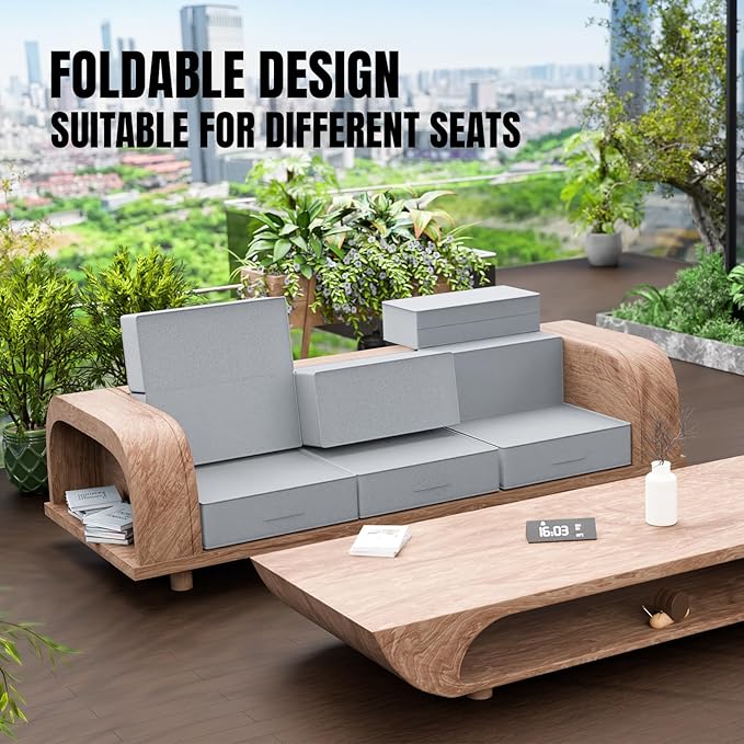 6 Inch Thick Foldable Deep Seat Cushion, 2 PCS 24 x 24 Inch Outdoor Water & Fade Resistant Olefin Patio Furniture Replacement Chair Cushion, with Removable Cover, Handle and Straps, Light Gray