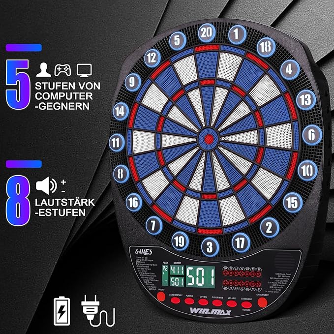 WIN.MAX Electronic Dart Board Soft Tip Dartboard Set LED Displays 3 Languages with 12 Darts 100 Tips Power Adapter