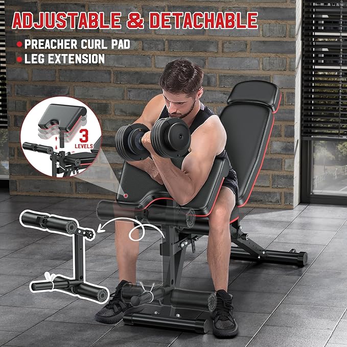XDDIAS Workout Bench, Adjustable Weight Bench with Leg Extension and Leg Curl, Extended Headrest, 900LBS Preacher Curl Bench Incline Decline Flat Workout Bench for Home Gym Full Body Exercise