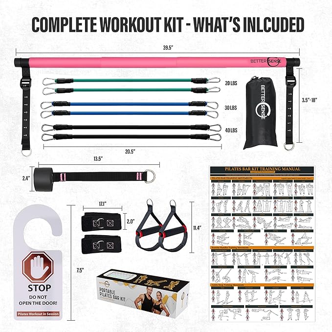 Upgraded Pilates Bar Kit – 39” Adjustable Exercise Equipment for Men, Women with 6X 20, 30, 40 lbs Resistance Bands with Adjustment Buckle – Pilates Equipment for Home Workouts for All Fitness Levels