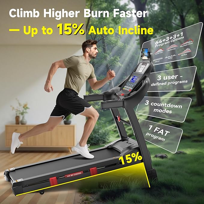 Running Treadmill for Home 400lbs Capacity, 5.1HP Folding Treadmill with 15% Auto Incline, Exercise Machine with Handle, App Scene Simulation, 18" Wide Deck, 0.6-10MPH, Included