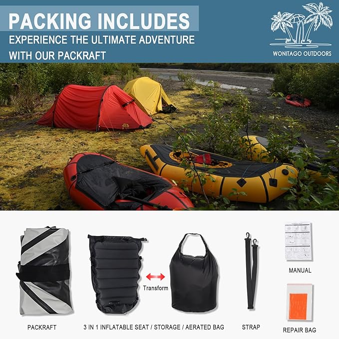 Packraft TPU Inflatable Travel Kayak with Soft Seat Lightweight Packrafts for Flat Water Rafting/Bicycle Drifting/Litewater Dinghy, 1 Person