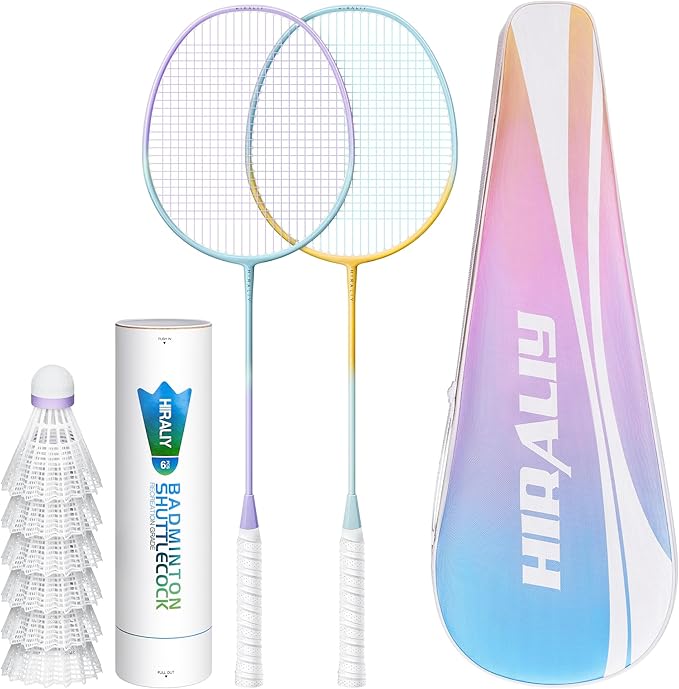 HIRALIY Badminton Rackets Set for Backyards, Lightweight Badminton Set of 2/4, Includ Rackets, Birdies, 1 Carrying Bag, Outdoor Games for Adults Family Kids Beginners