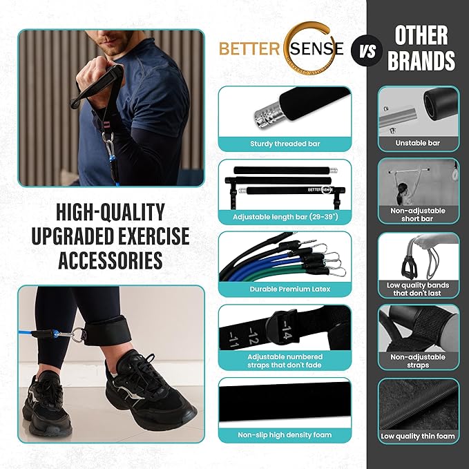 Upgraded Pilates Bar Kit – 39” Adjustable Exercise Equipment for Men, Women with 6X 20, 30, 40 lbs Resistance Bands with Adjustment Buckle – Pilates Equipment for Home Workouts for All Fitness Levels