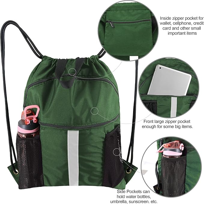 BeeGreen Drawstring Backpack Bag with Shoe Compartment, X-Large Black Gym Sports String Cinch Backpack