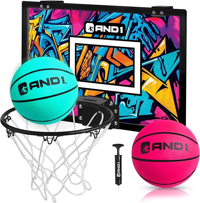 AND1 Over the Door Mini Basketball Hoop: 18x12 Shatterproof Backboard, 2 Mini Basketballs, and Hand Pump Included- Ultimate Indoor Basketball Accessory for Kids and Adults, No Tools Required