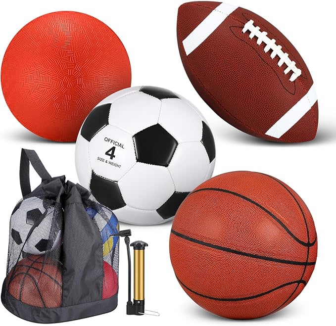 Deekin 4 Pcs Sport Balls Set for Kids Teens, Include Official Size 5 Basketball 4 Soccer 6 Football Playground Ball and Pump Sports Equipment Bag Recess Equipment Sport for Students(Normal Color)
