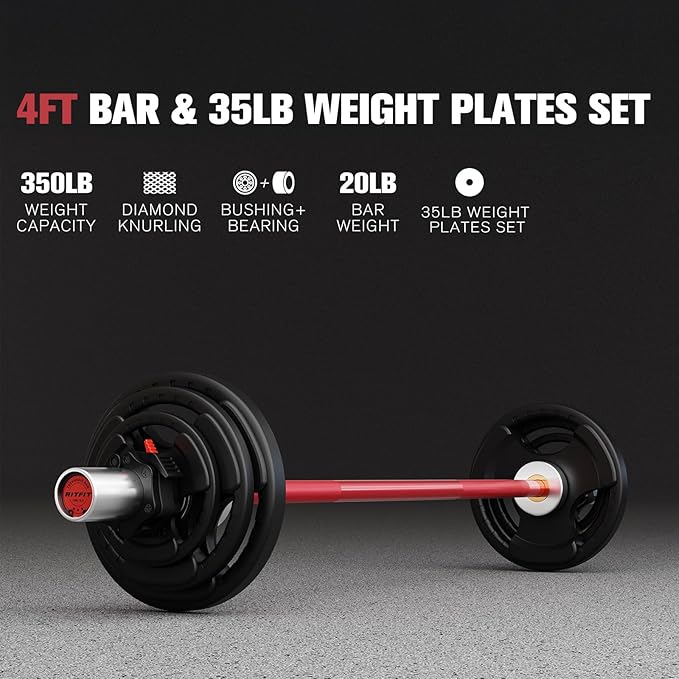 RitFit Barbell Weight Set - 4/6FT Olympic Barbell with Weight Plates (55-275LB Total) - Weightlifting Equipment for Squats, Curls, Deadlifts, Presses, Hip Thrusts