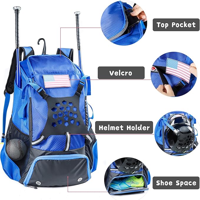 Baseball Backpack for Youth, Boys, Adults - Bat and Softball Equipment Bag With Glove Holder, Helmet, Shoes Compartment - T-Ball Accessories and Baseball Gifts