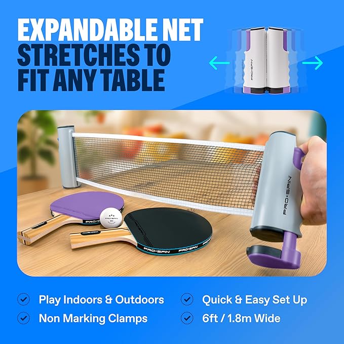 PRO SPIN Retractable Ping Pong Net – 72" Table Tennis Net with Clamps | Portable Ping Pong Net for Any Table | Includes Custom Mesh Storage Bag | Replacement Table Tennis Net Posts