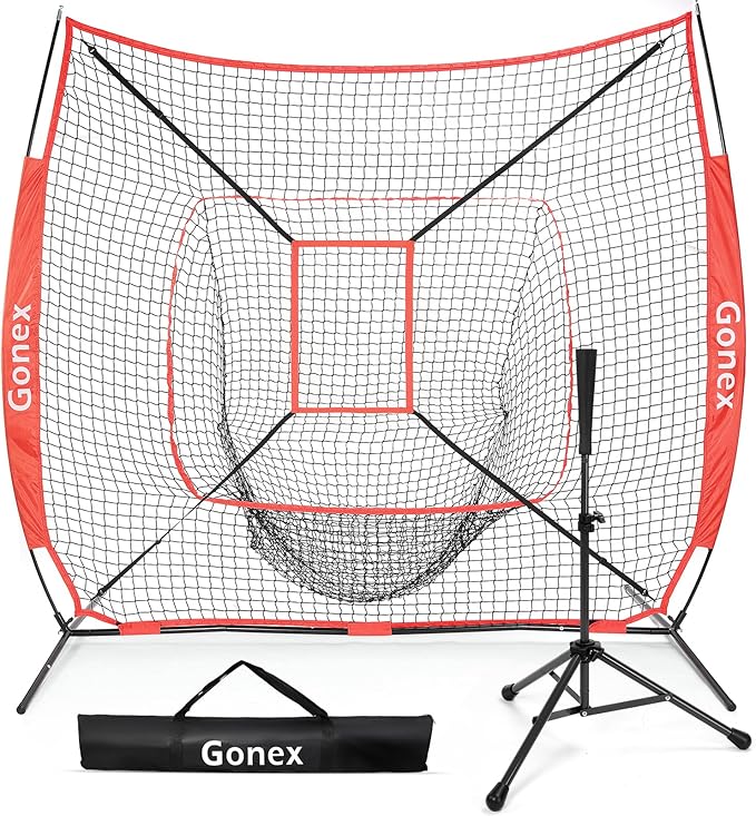 Gonex 7' x 7' Baseball Softball Practice Net Set with Batting Tee for Hitting and Pitching Batting, Practice Training Aid, with Strike Zone, Large Mouth, Bow Frame, Carrying Bag
