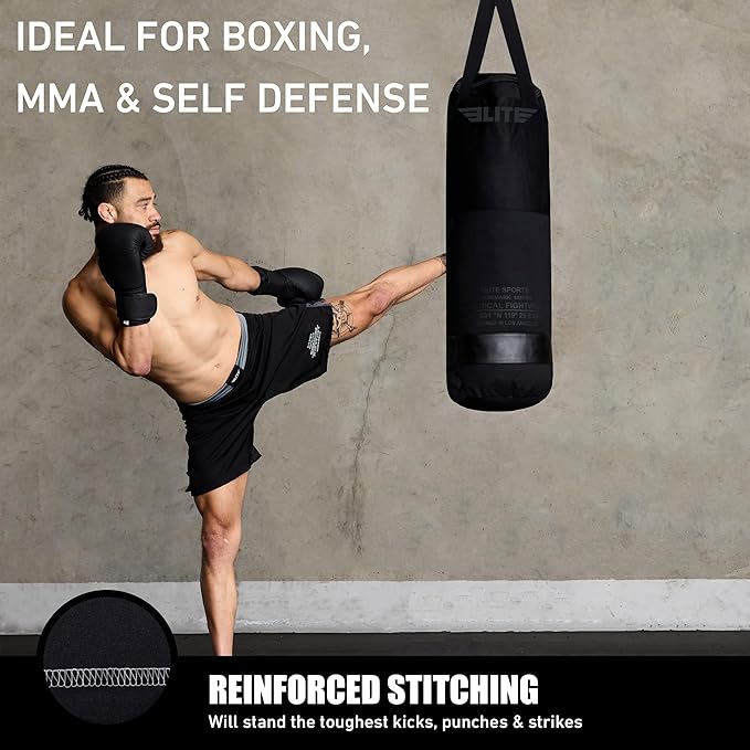 Elite Sports Boxing Bag – Heavy Duty Canvas Punching Bag with Straps for Boxing, Training, MMA, Muay Thai, Kickboxing, Martial Arts & Fitness – Unfilled Heavy Bag
