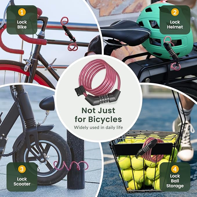 Titanker Bike Lock Cable, 4 Feet Bike Cable Lock Basic Self Coiling Kids Bike Lock Combination with Complimentary Mounting Bracket, 5/16 Inch Diameter (4FT, Pink-8mm)