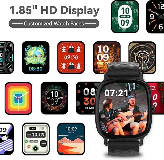 Smart Watches for Men Women (Answer/Make Calls), 1.85" HD Screen IP68 Waterproof, Fitness Tracker for iPhone Android Phones, Heart Rate Sleep SpO2(Blood Oxgen) Monitor 100+ Sports, 2 Straps
