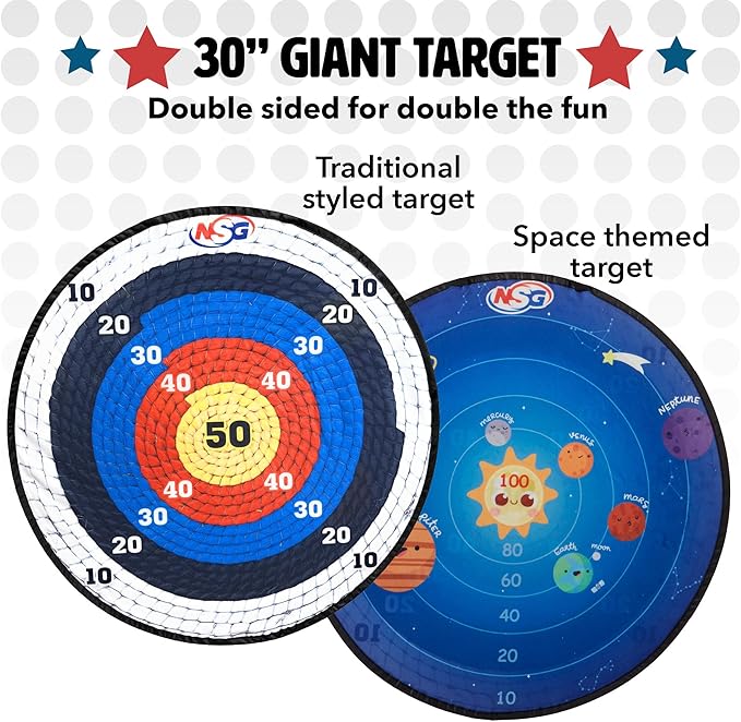 NSG Target Toss Large Dart Board for Kids 30in Giant Kids Dart Board Double Sided Game Set for Indoor and Outdoor Fun with 12 Sticky Balls and Carry Bag