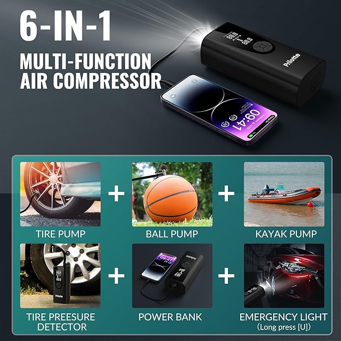 Tire Inflator Portable Air Compressor-180PSI&20000mAh Car Tire Air Pump Portable-Cordless Electric 3X Fast Inflation, Tire Inflator with Gauge, LED, for Bike, Motorcycle, Ball