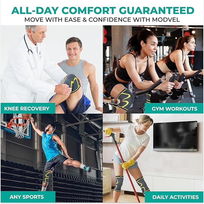 Modvel 2 Pack Knee Brace for Women & Men - Workout Knees Compression Sleeve for Knee Pain Relief Joint Support for ACL, Arthritis, Meniscus Tear Knees Brace for Sports, Rodilleras para Gym Fitness