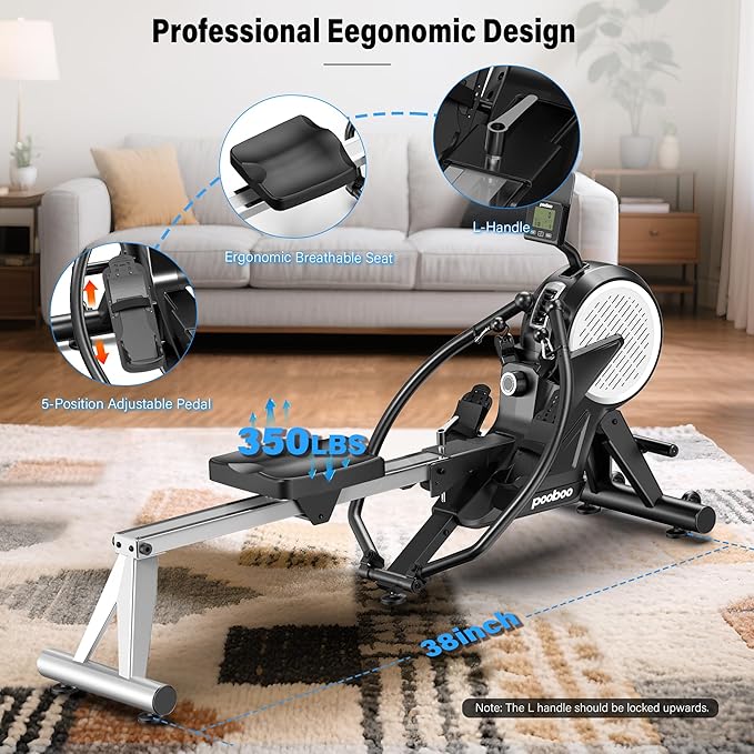 pooboo Rowing Machines for Home, Dual Wind & Magnetic Resistance, Foldable Row Machine 400 LB Weight Capacity, 14 Levels Resistance Quiet Rowers for at Home Exercise, App Supported