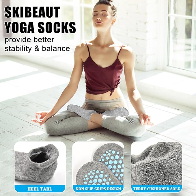 SkiBeaut Grips Non Slip Socks for Women, 4 Pairs Yoga Pilates Anti Skid Woman Hospital Gripper Socks (5-12)
