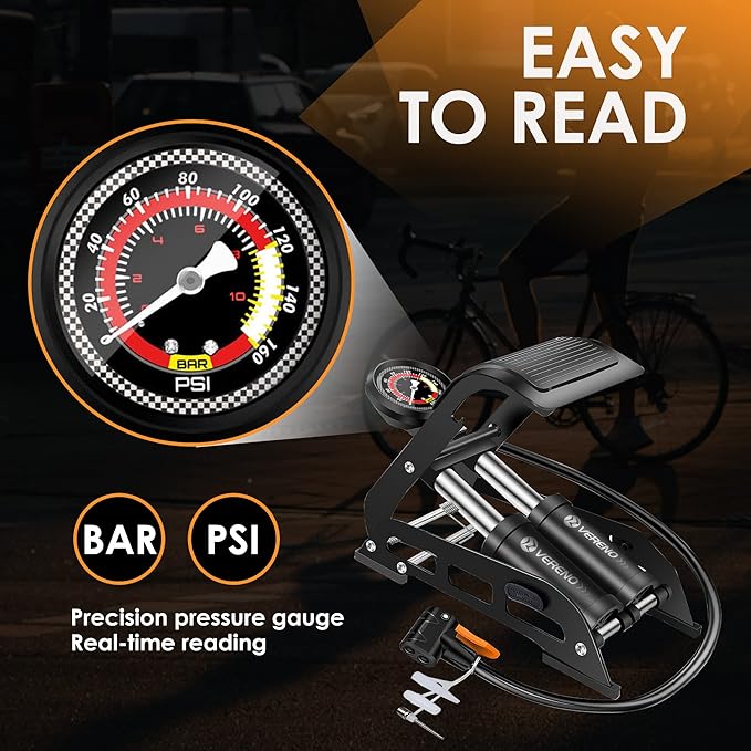 VERENO Double Barrel Bike Floor Foot Pump,Portable Air Pump Inflator Pump with 160PSI Precision Pressure Gauge Fits Presta Schrader and Deutschland Valve for Bicycle,Ball,Scooter,Car,Toys Inflatable
