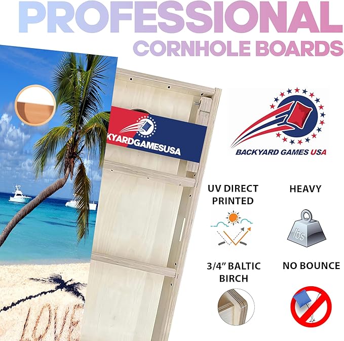 CornholeGamesUSA Pro Cornhole Boards Set | Made in USA | 3/4 Baltic Birch | No Bounce | Triple Thick Legs | Two Brace & Handles, Tournament 2x4 Regulation Set with Score Tower & Cornhole Bags
