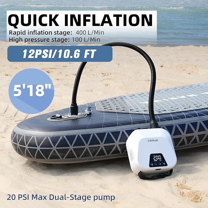 CYCPLUS 20PSI High Pressure Smart SUP Air Pump, Rechargeable Battery-Powered, Intelligent Dual Stage Inflation & Deflation, Auto-Off Air Pump for Stand Up Paddle Boards,Surfing Kite, Tent, Mattress