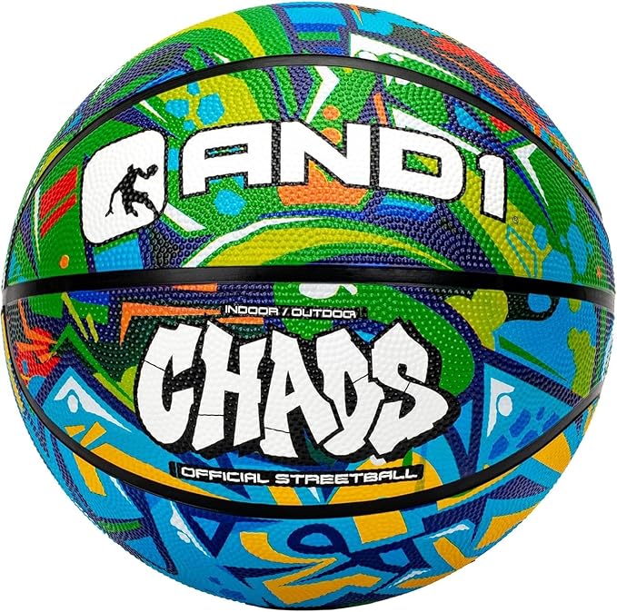 AND1 Chaos Rubber Basketball: Official Regulation Size 7 (29.5 inches) Rubber Basketball - Deep Channel Construction Streetball, Made for Indoor Outdoor