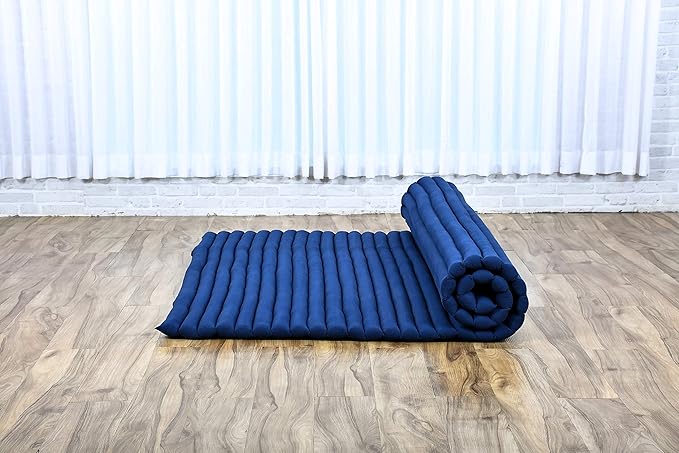 Leewadee - Foldable Floor Mattress - Japanese Roll Up Futon -Trifold Tatami Mat- Guest Floor Bed - Camping Mattress - Thai Massage Mat, Kapok Filled, 75 x 57 inches, Blue