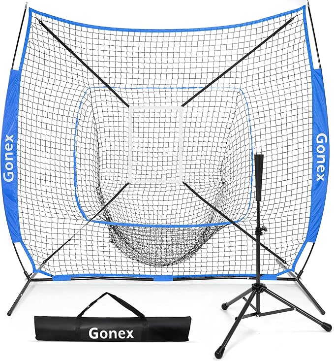Gonex 7' x 7' Baseball Softball Practice Net Set with Batting Tee for Hitting and Pitching Batting, Practice Training Aid, with Strike Zone, Large Mouth, Bow Frame, Carrying Bag