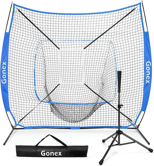 Gonex 7' x 7' Baseball Softball Practice Net Set with Batting Tee for Hitting and Pitching Batting, Practice Training Aid, with Strike Zone, Large Mouth, Bow Frame, Carrying Bag